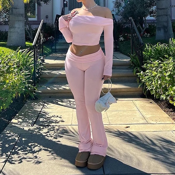 Off Shoulder Crop Top and Casual Pants Set