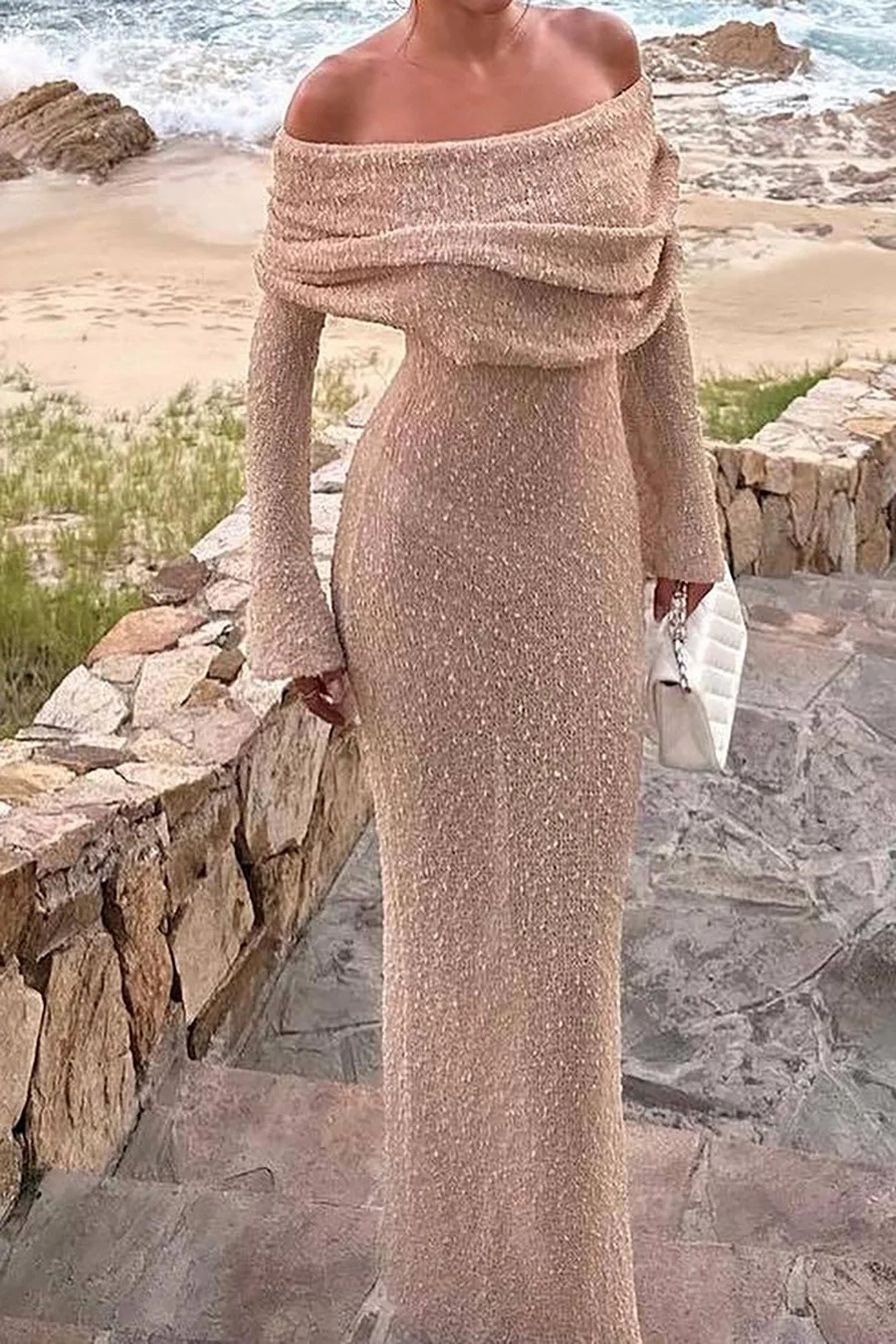 Off Shoulder Knit Summer Vacation Maxi Bodycon Dress