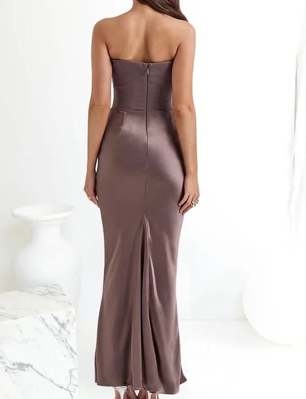 Elegant Brown Satin Silk Formal Maxi Dress