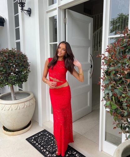 Red Lace Two Piece Top & Maxi Skirt Set