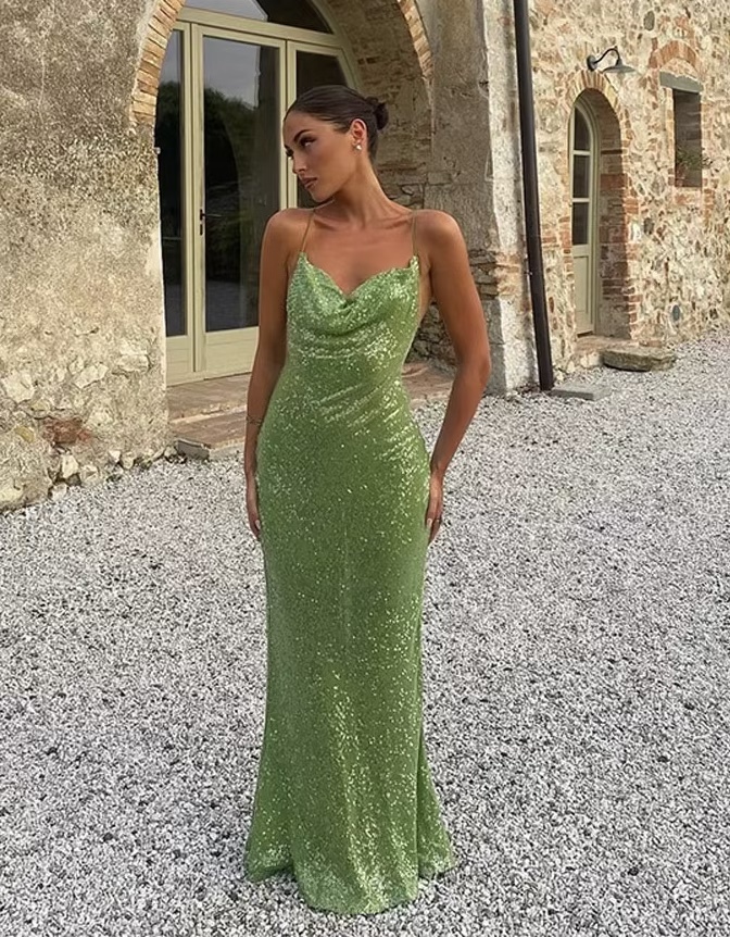 Green Scoop Neck Glitter Sequin Maxi Dress