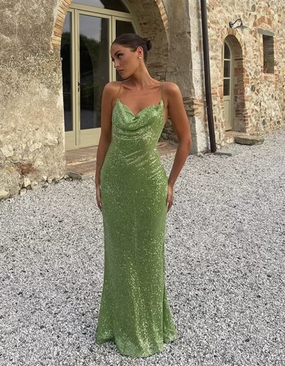 Green Scoop Neck Glitter Sequin Maxi Dress
