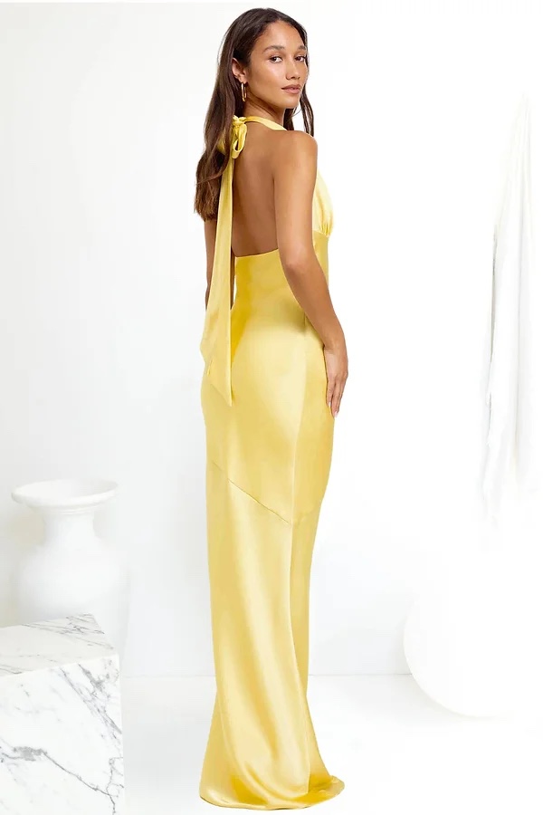 V Neck Backless Yellow Gold Occasion Maxi Dress