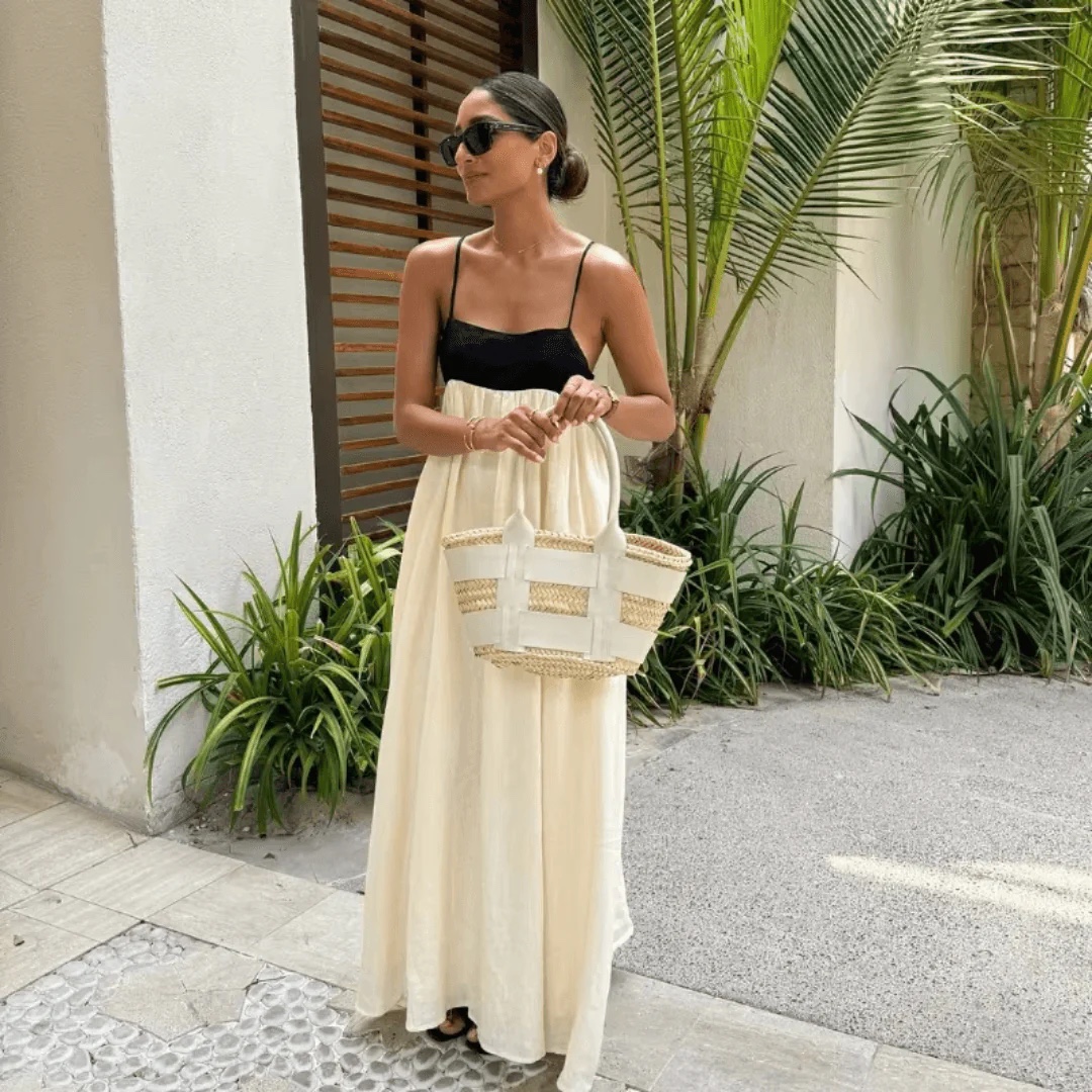 Two Tone Contrast Holiday Vacation Summer Maxi Dress