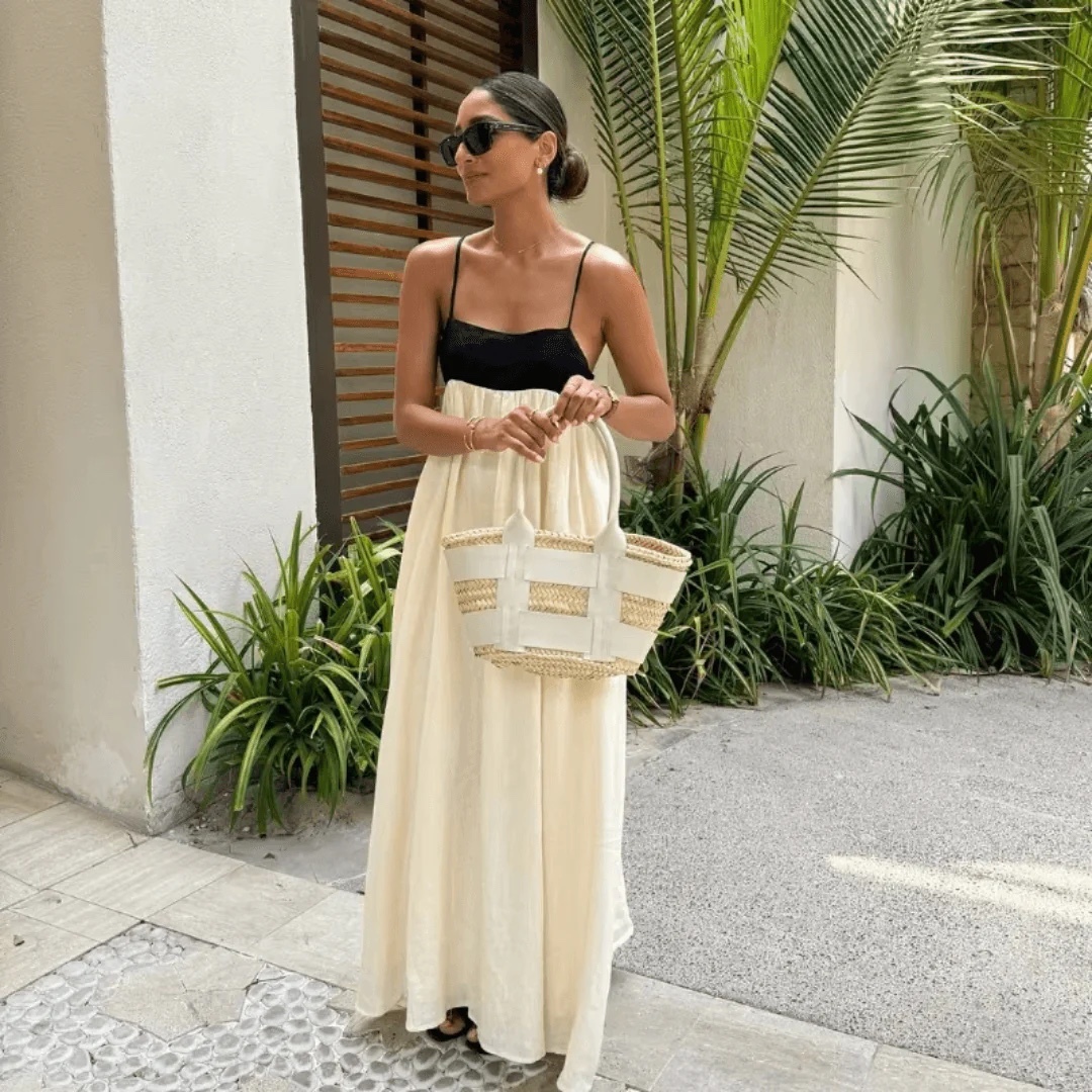 Two Tone Contrast Holiday Vacation Summer Maxi Dress