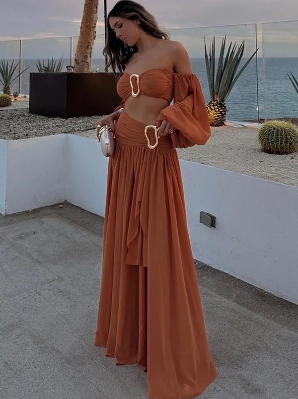 Burnt Orange Crop Top Maxi Skirt Set 2 Piece Co-ord