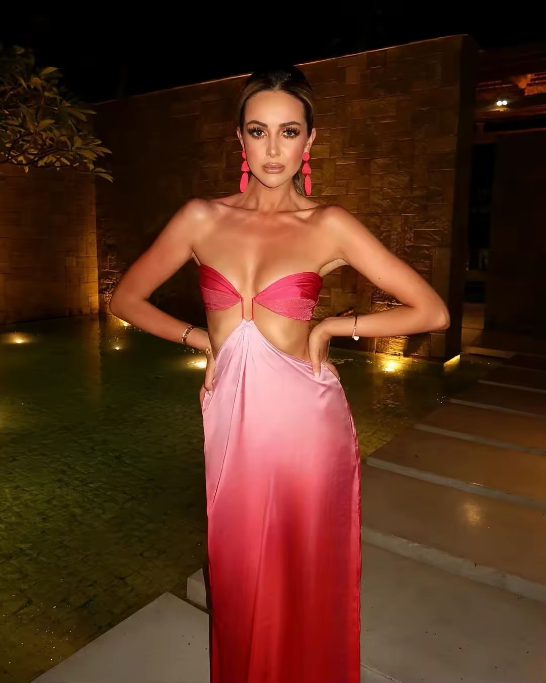 Strapless Pink Gradient Cut Out Summer Vacation Maxi Dress