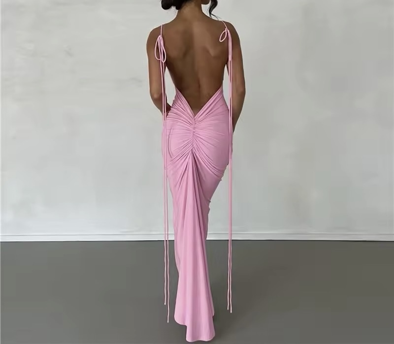 Backless Ruched V Bodycon Spaghetti Strap Maxi Dress