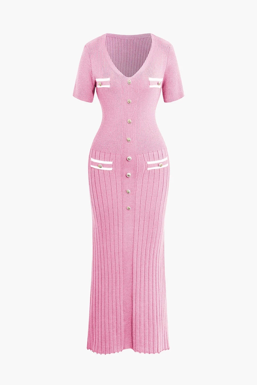 Pink Buttoned Short Sleeve V Neck Maxi Dress