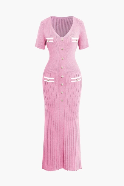 Pink Buttoned Short Sleeve V Neck Maxi Dress