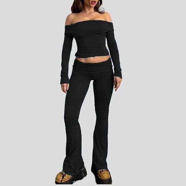 Off Shoulder Crop Top and Casual Pants Set