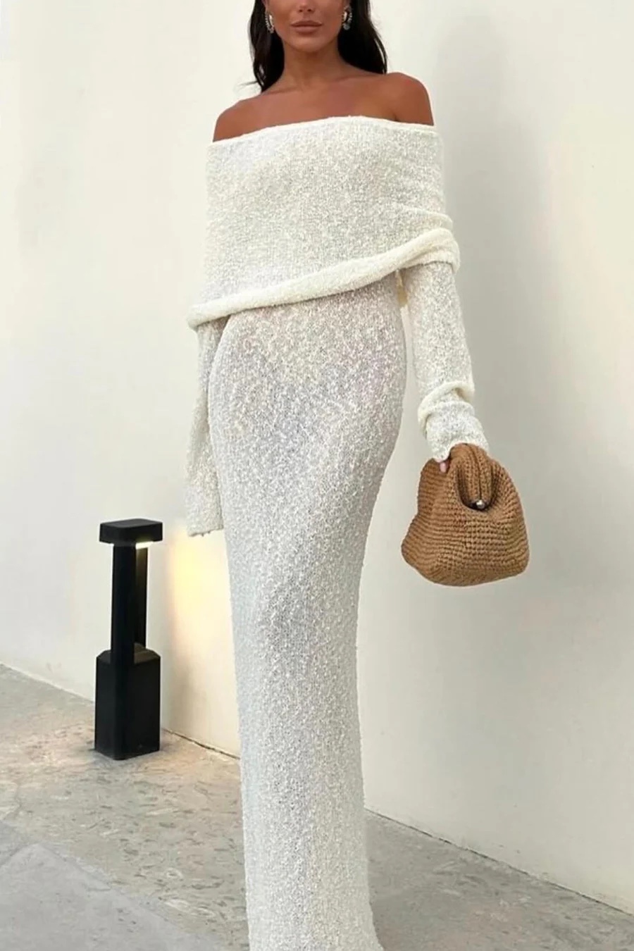 Off Shoulder Knit Summer Vacation Maxi Bodycon Dress