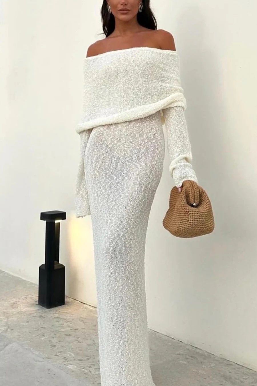 Off Shoulder Knit Summer Vacation Maxi Bodycon Dress