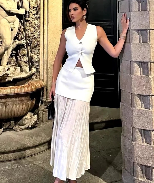 Button V Neck Top & Maxi Skirt Set Two Piece