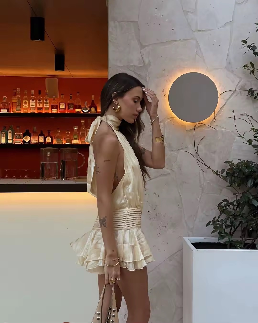 Beige Silk Halter Backless Mini Dress