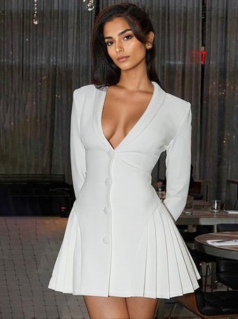 Elegant V Neck Button Up Long Sleeve Mini Dress