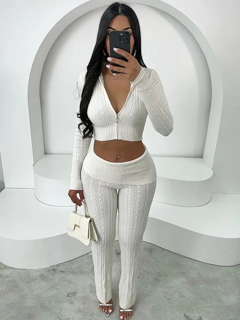 Knitted Ribbed Zipper Hooded Short Jacket Top and Wide Leg Pants Set