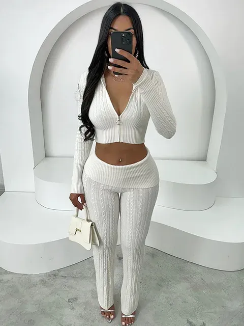 Knitted Ribbed Zipper Hooded Short Jacket Top and Wide Leg Pants Set