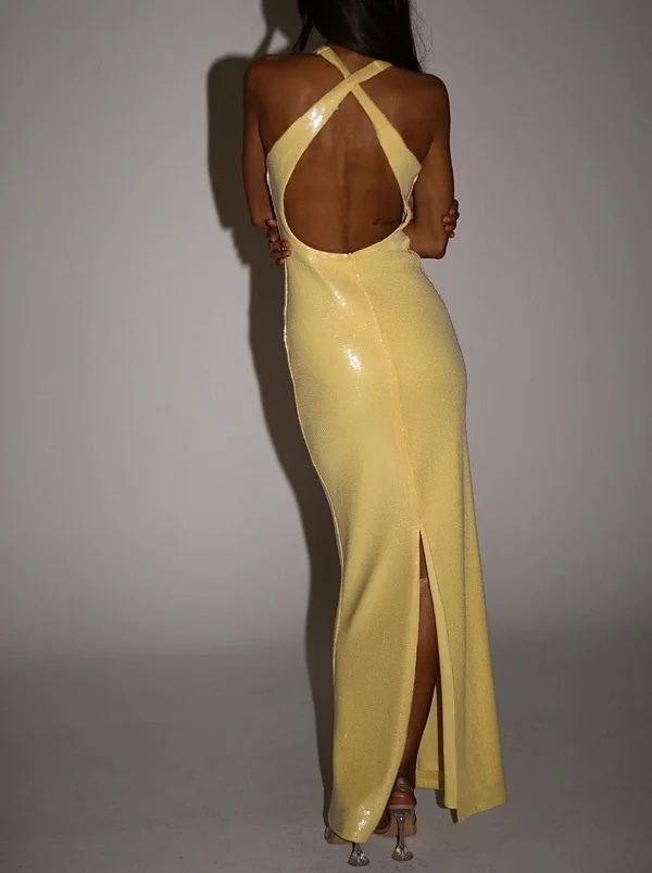 Yellow Sequin Floral V Neck Bodycon Maxi Dress