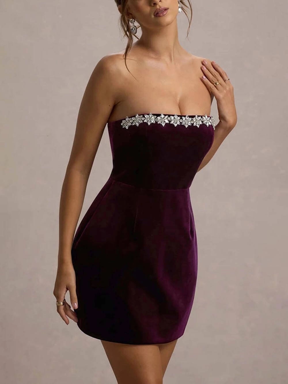 Strapless Diamond Rhinestone Hem A-Line Mini Dress