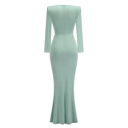 Deep V Neck Long Sleeve Elegant Bodycon Maxi Dress