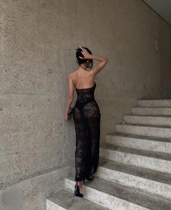Black Strapless Sheer Lace Bodycon Maxi Dress