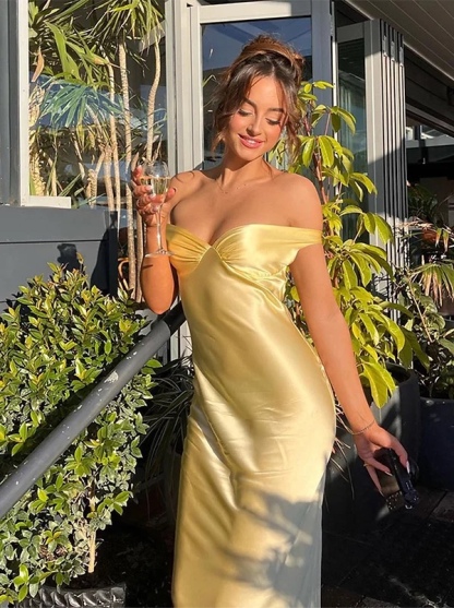 Yellow Elegant Satin Backless Maxi Dress