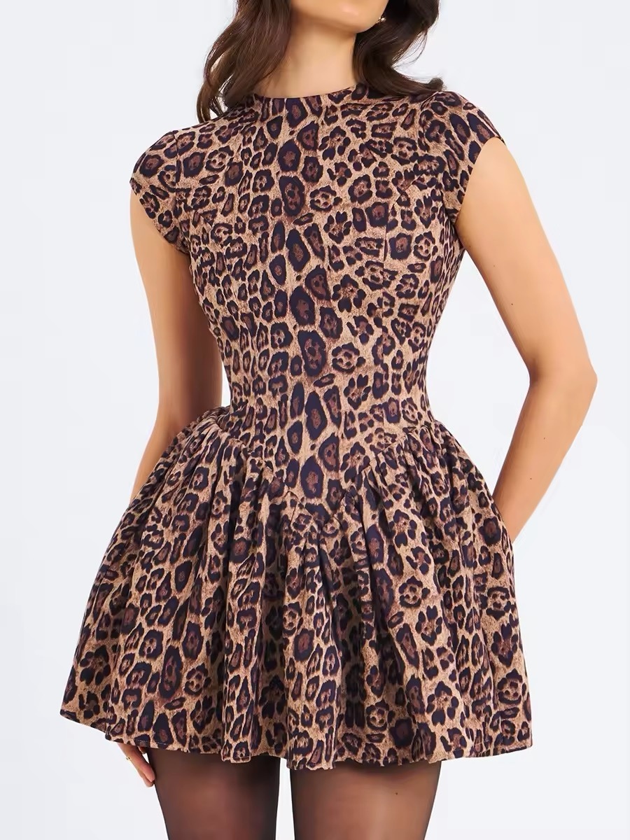 Leopard Print Sleeveless Open Backless A Line Mini Dress