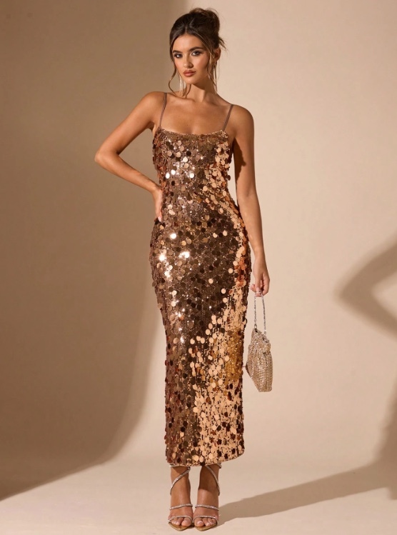 Gold Sequin Spaghetti Strap Maxi Dress