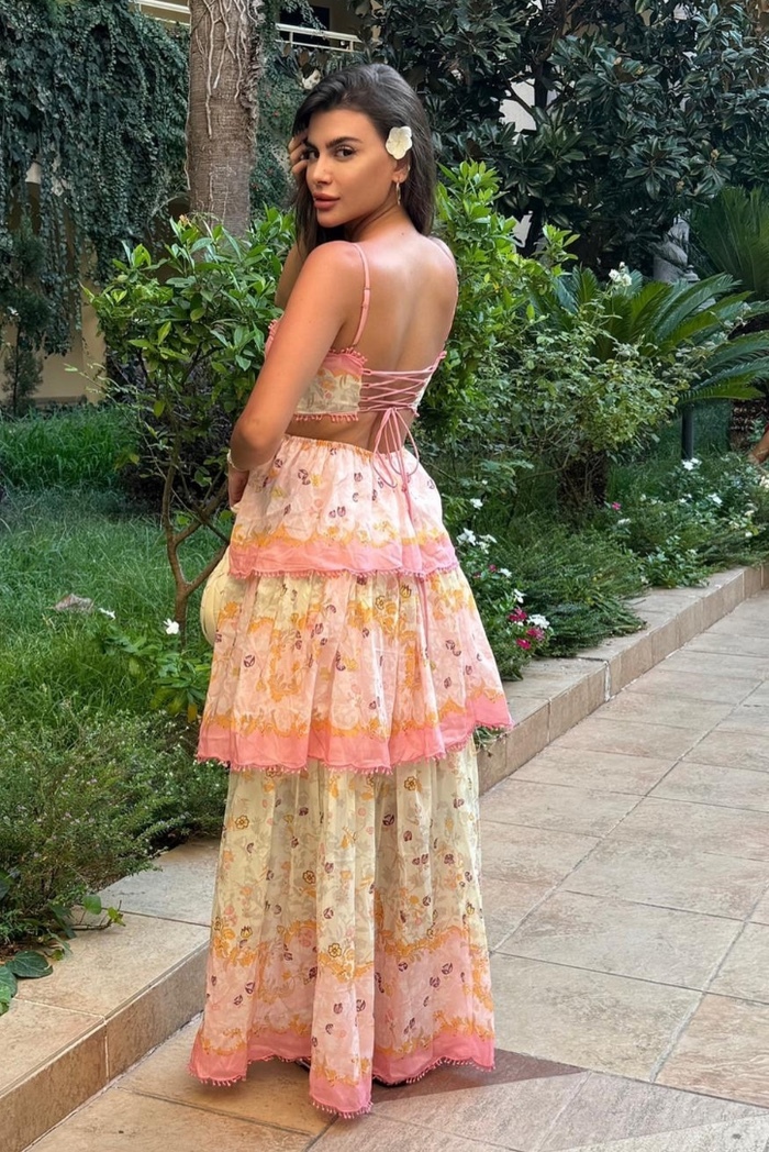 Pink Floral Ruffle Layered A-line Maxi Dress