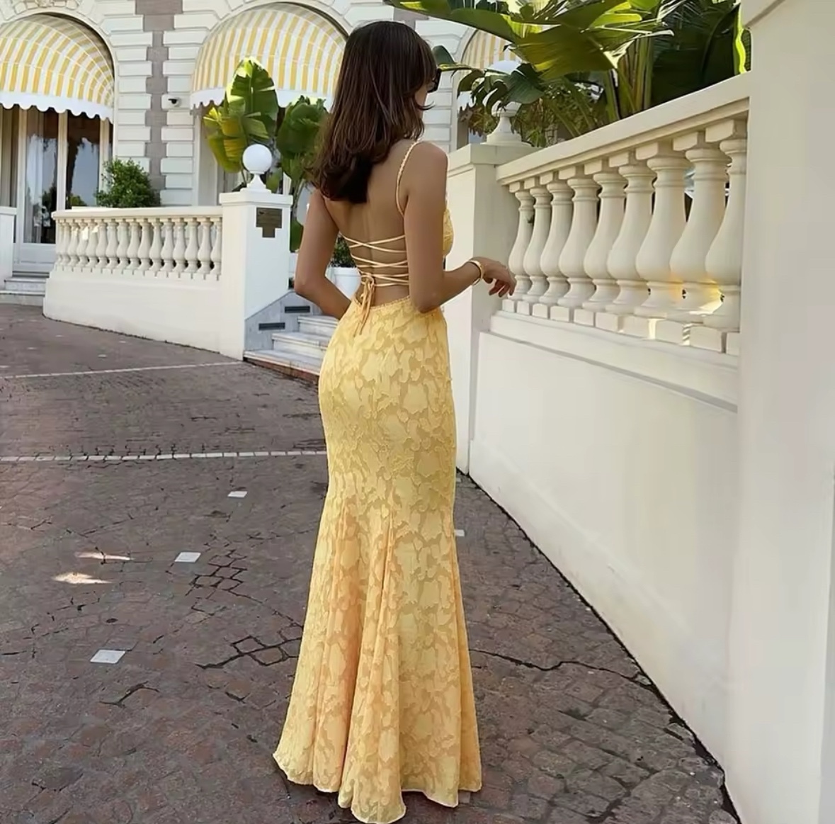 Lace Up Backless Bodycon Flare Hem Maxi Dress