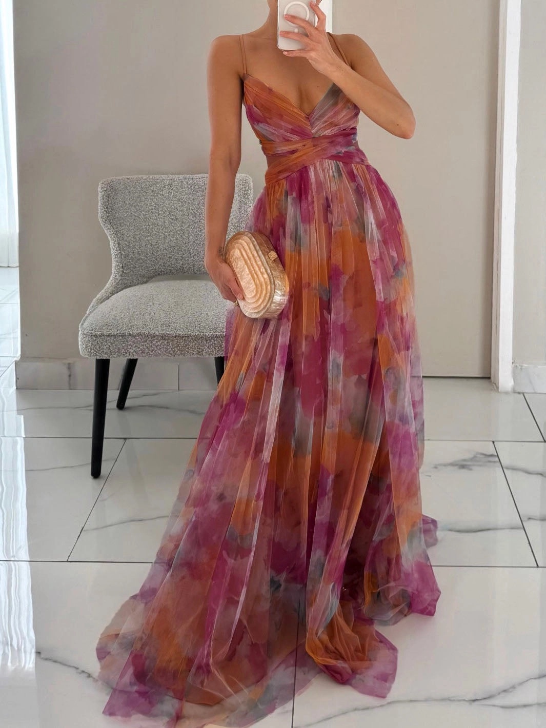 Spaghetti Strap V Neck Vacation Printed Maxi Dress