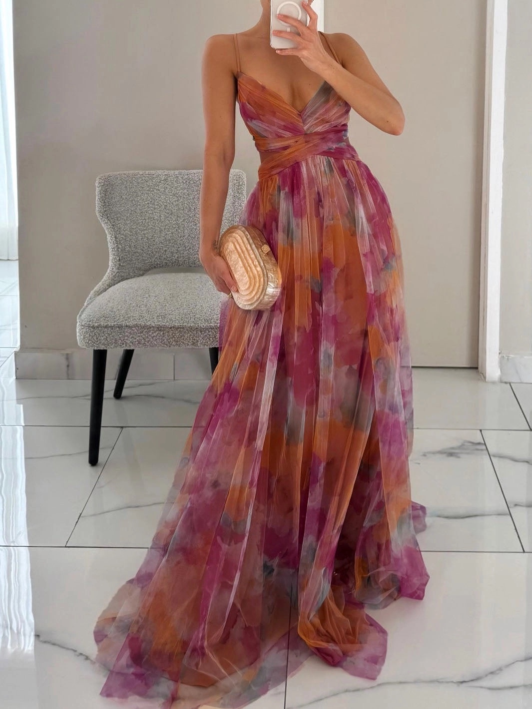 Spaghetti Strap V Neck Vacation Printed Maxi Dress
