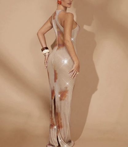 Gradient Sequin Bodycon Halter Sleeveless Maxi Dress