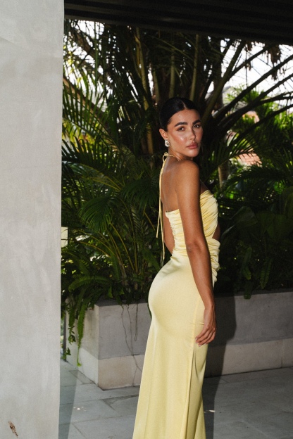 Yellow Silk Halter Cut Out Occasion Formal Maxi Dress