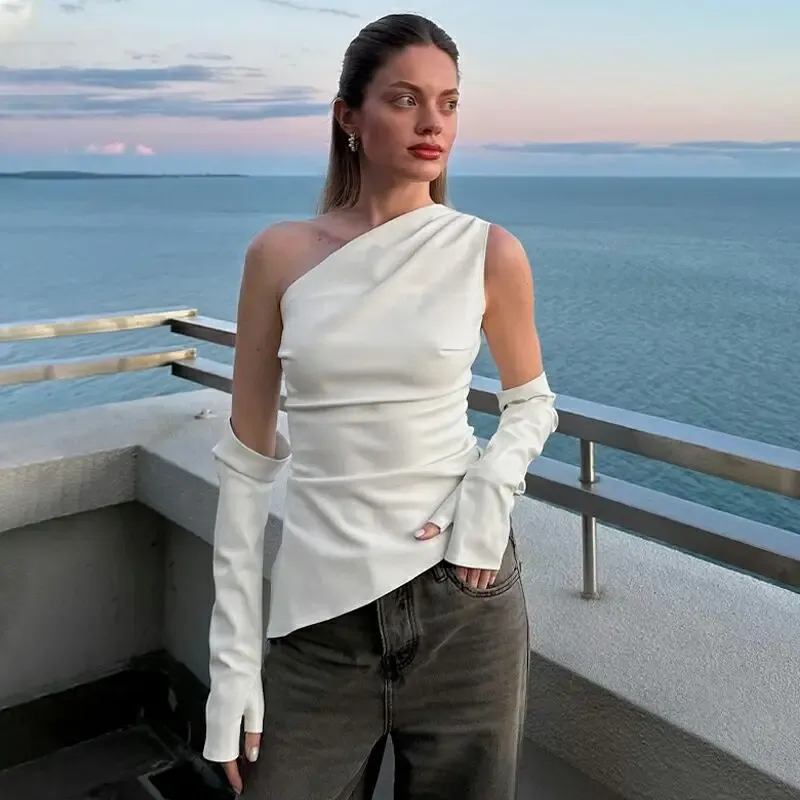 PU Leather Asymmetrical Sleeveless One Shoulder Top