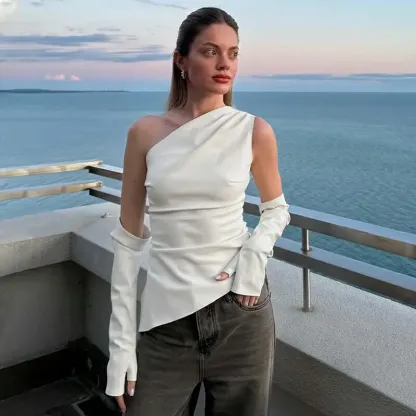 PU Leather Asymmetrical Sleeveless One Shoulder Top 