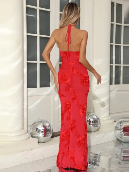 Halter 3D Flower Bodycon Long Maxi Dress