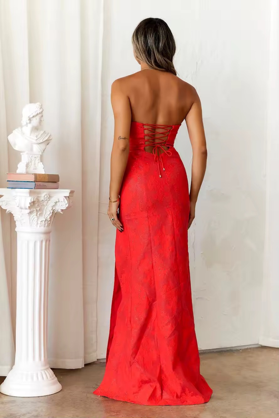 Red Strapless Bodycon Occasion High Spilt Maxi Dress