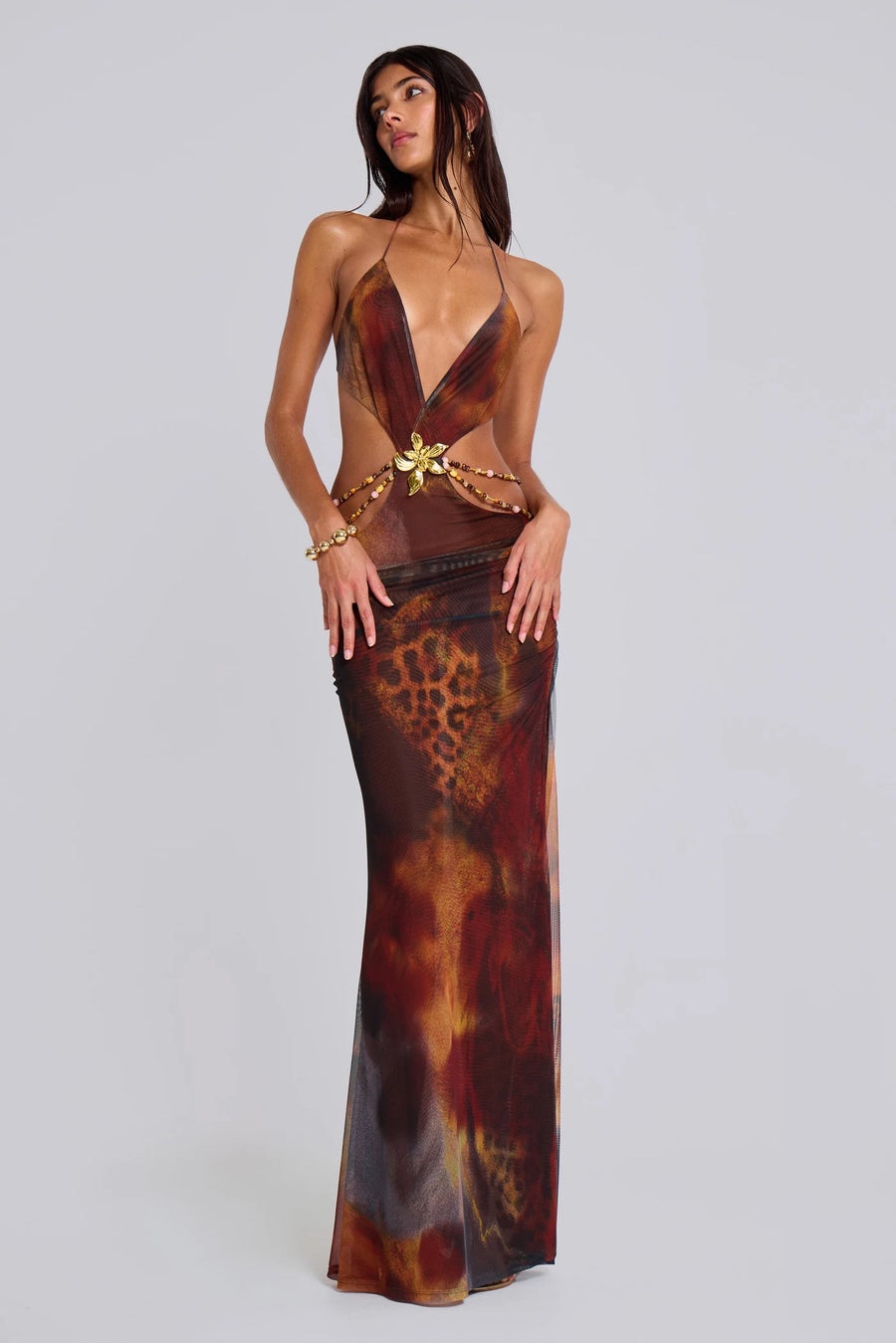 Low V Neck Cut Out Holiday Maxi Dress