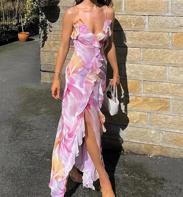 Floral Print Dress Summer Irregular Ruffle Maxi Vacation Dress