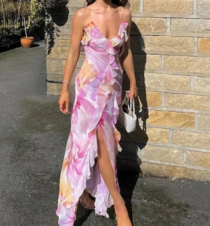 Floral Print Dress Summer Irregular Ruffle Maxi Vacation Dress