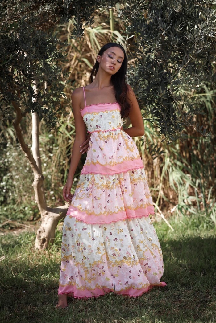 Pink Floral Ruffle Layered A-line Maxi Dress