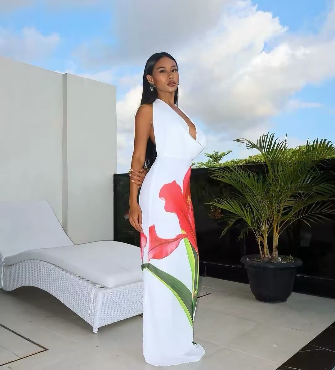 Halter Scoop Neck Sleeveless Bodycon Summer Holiday Vacation Maxi Dress