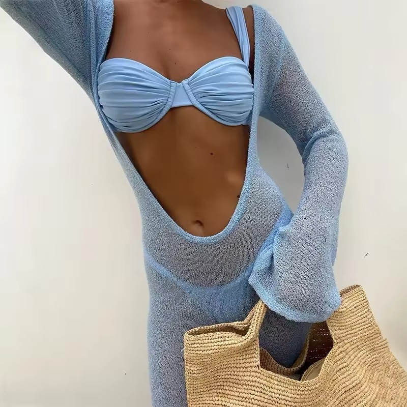 Blue Long Sleeve Bikini 3 Piece Set