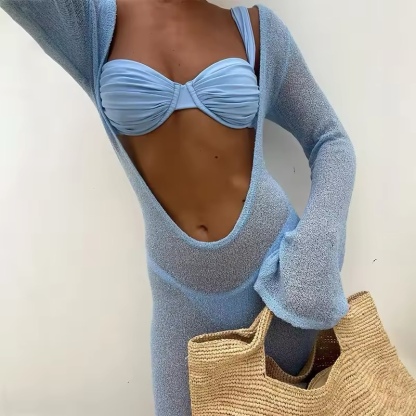 Blue Long Sleeve Bikini 3 Piece Set