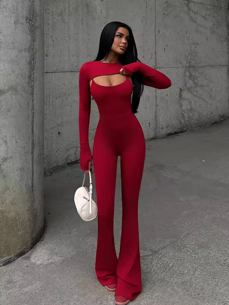 Long Sleeve Bodycon Flared Jumpsuit