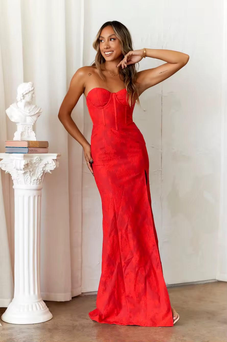 Red Strapless Bodycon Occasion High Spilt Maxi Dress