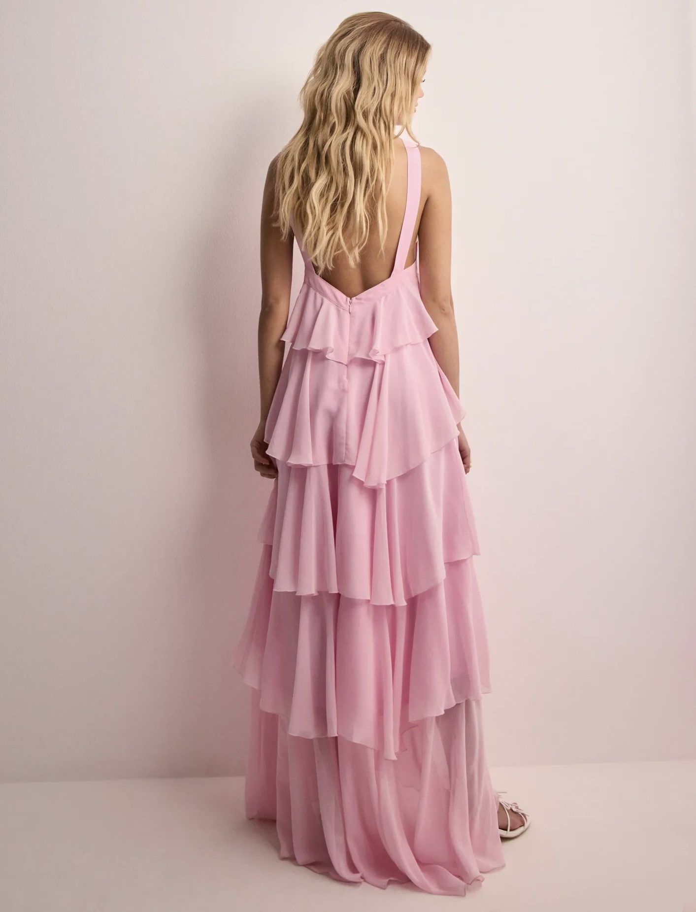 Pink Flower Detail Layered Ruffle Backless Maxi Dress Elegant