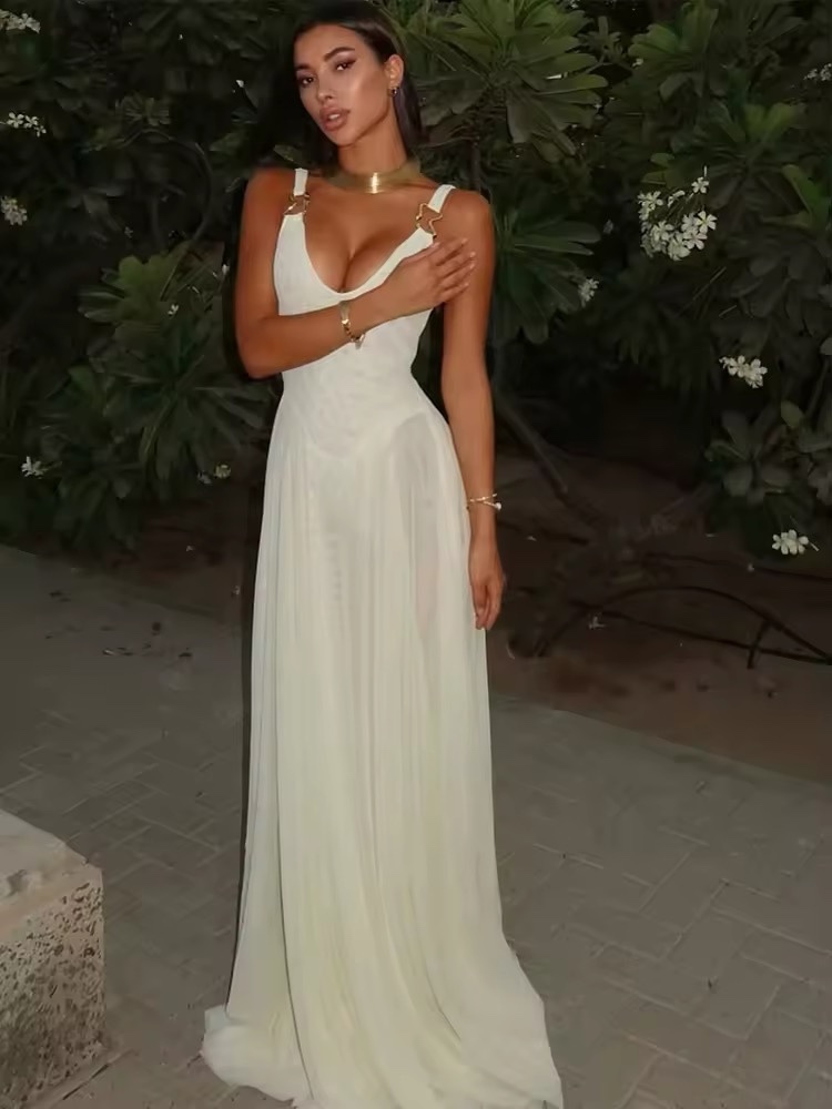 White Sleeveless A Line Holiday Maxi Dress